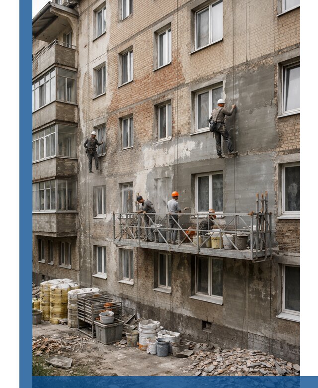 Капитальный ремонт фасада в Нижнеудинске с восстановлением и гидроизоляцией