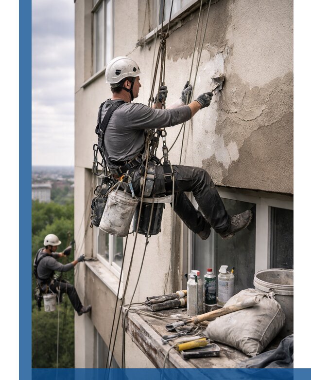 Косметический ремонт фасада зданий в Нижнеудинске промышленными альпинистами
