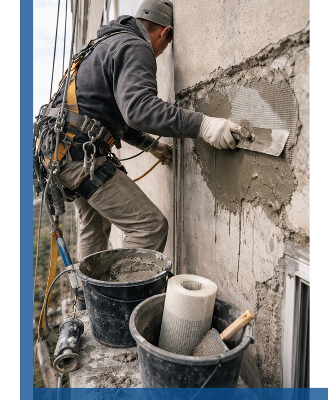 Ремонт бетонных элементов фасада промышленными альпинистами в Нижнеудинске