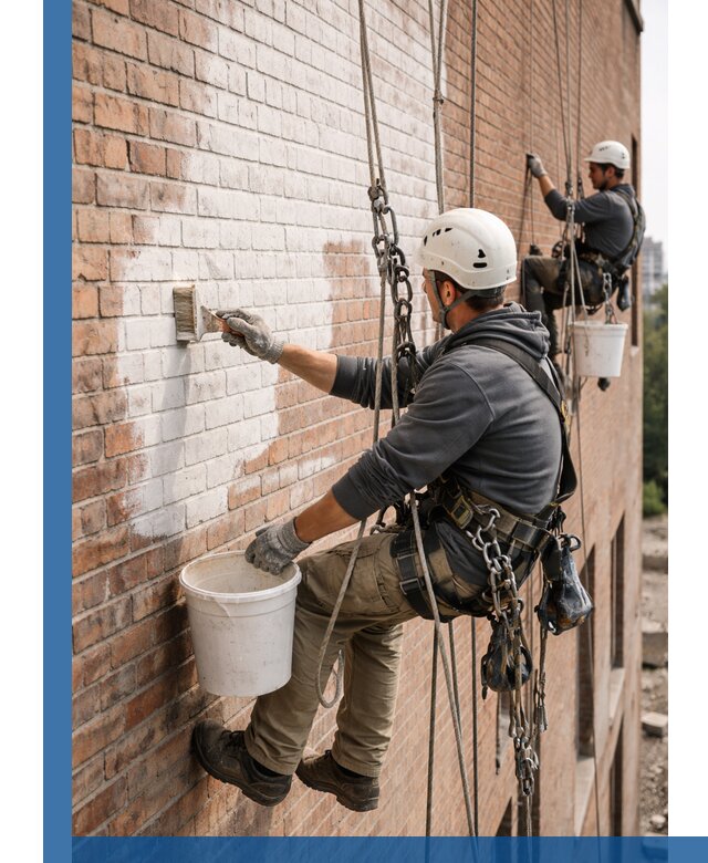 Покраска кирпичного фасада с доступным альпинистским сервисом в Нижнеудинске