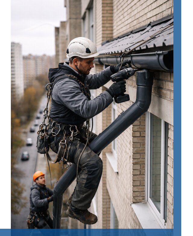 Монтаж водосточной системы на здании в Нижнеудинске от 5086 р. | ВЫСОТНИК-Нжк