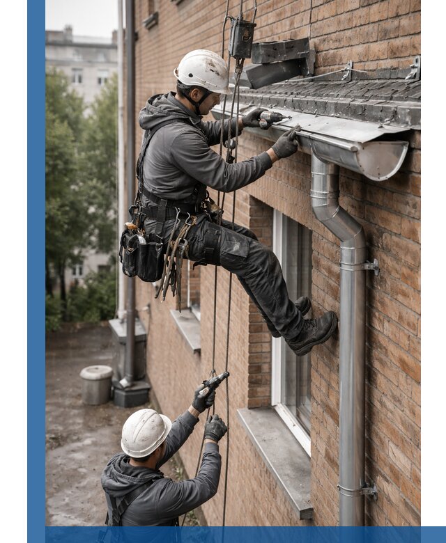 Монтаж водосточной системы на здании в Нижнеудинске под ключ