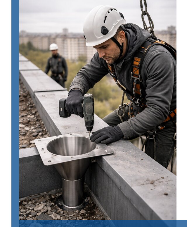 Монтаж водосточных воронок в Нижнеудинске для промышленных зданий