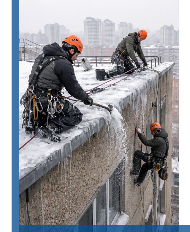 Удаление наледи с кровли в Нижнеудинске промышленными альпинистами