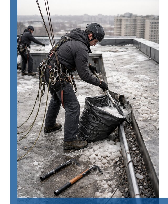 Аварийная очистка кровли в Нижнеудинске от промальпинистов