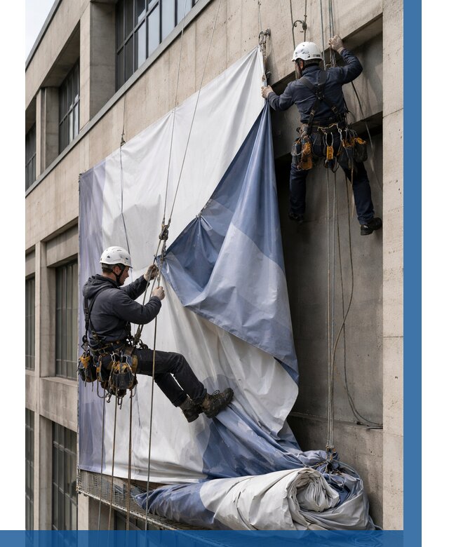 Демонтаж баннеров с фасада в Нижнеудинске от 4577 р. | ВЫСОТНИК-Нжк