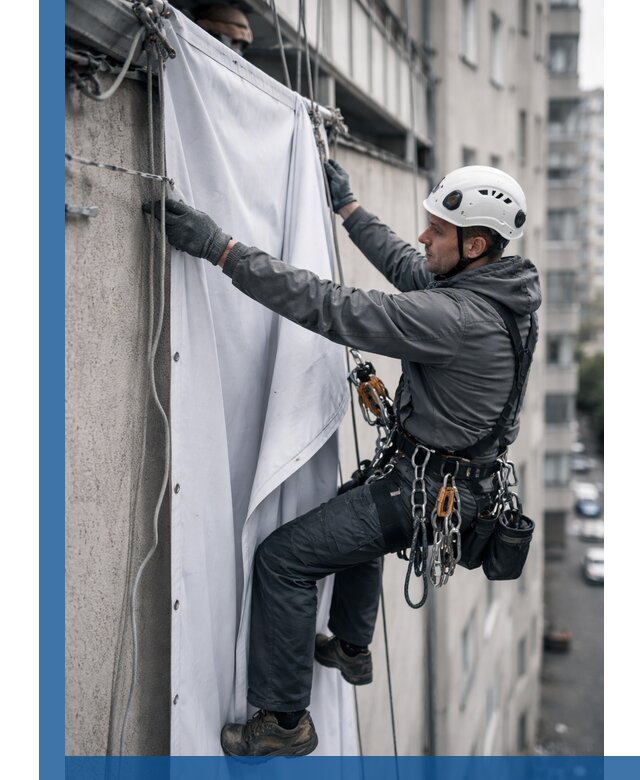 Замена баннерного полотна промышленными альпинистами в Нижнеудинске