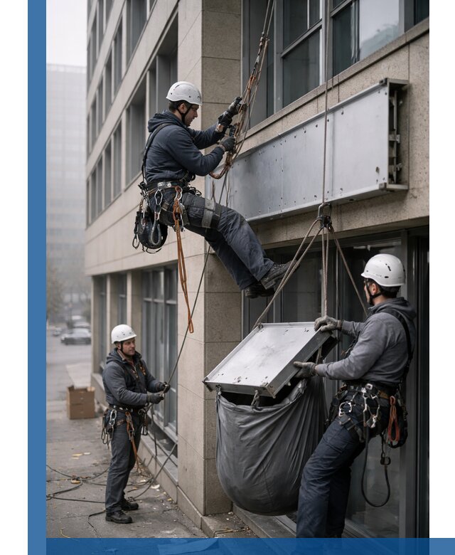 Демонтаж рекламной вывески с высотными работами в Нижнеудинске