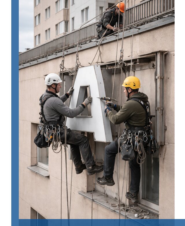 Ремонт и восстановление наружных вывесок на высоте в Нижнеудинске