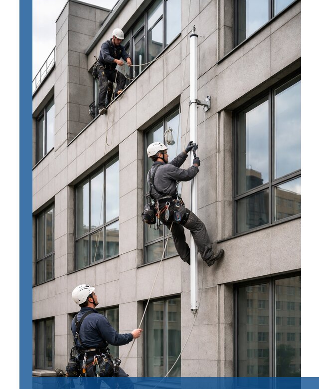 Монтаж флагштока на фасаде здания с креплением и герметикой в Нижнеудинске