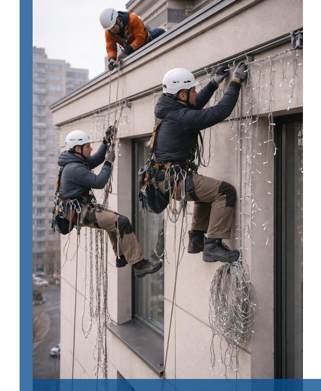 Монтаж праздничных гирлянд на фасаде в Нижнеудинске для зданий