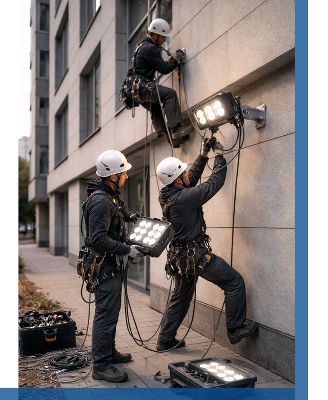 Монтаж прожекторов на фасаде в Нижнеудинске от 7628 р. | ВЫСОТНИК-Нжк