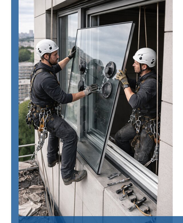 Замена стеклопакетов на высоте с промышленными альпинистами в Нижнеудинске