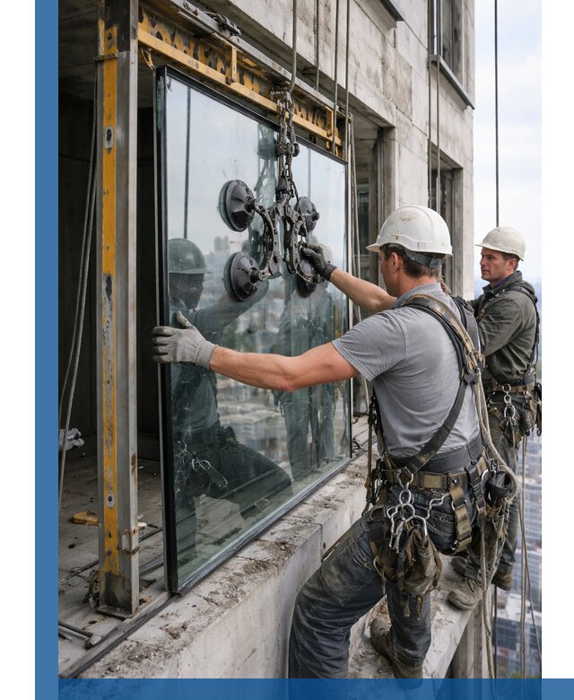 Монтаж стеклопакетов на высоте в Нижнеудинске с промышленным альпинизмом