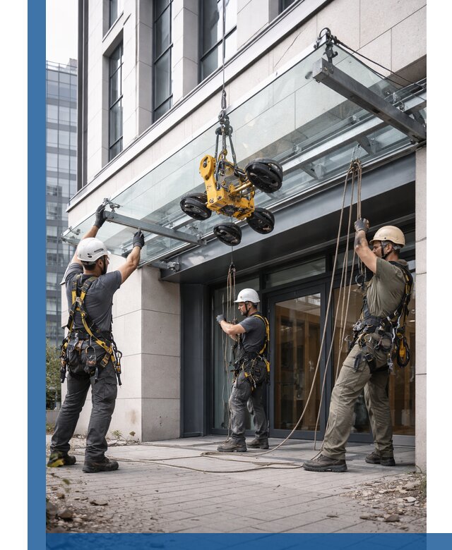 Монтаж стеклянных козырьков под ключ в Нижнеудинске для зданий