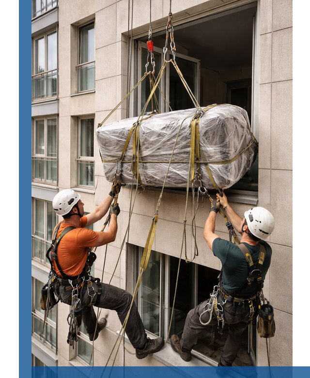 Подъем грузов через окно в Нижнеудинске промышленными альпинистами