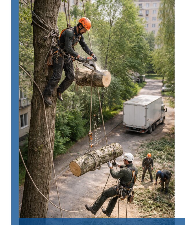 Спил деревьев альпинистами в Нижнеудинске, безопасно и без повреждений