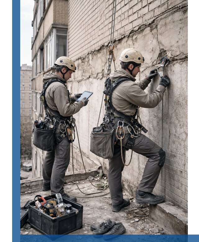 Обследование фасада промышленными альпинистами в Нижнеудинске